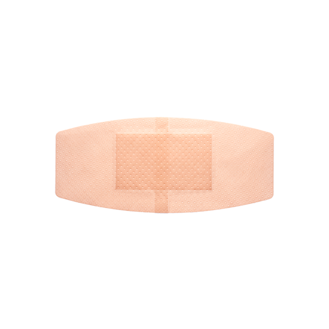 A single Dynarex Sheer Plastic Adhesive Bandage - Sterile, featuring a beige tone and central rectangular pad, is displayed on a white background.